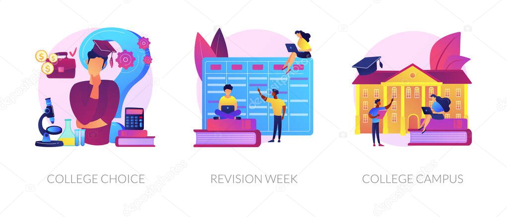 Important decision making, higher education institution choosing, student lifestyle icons set. College choice, revision week, college campus metaphors. Vector isolated concept metaphor illustrations