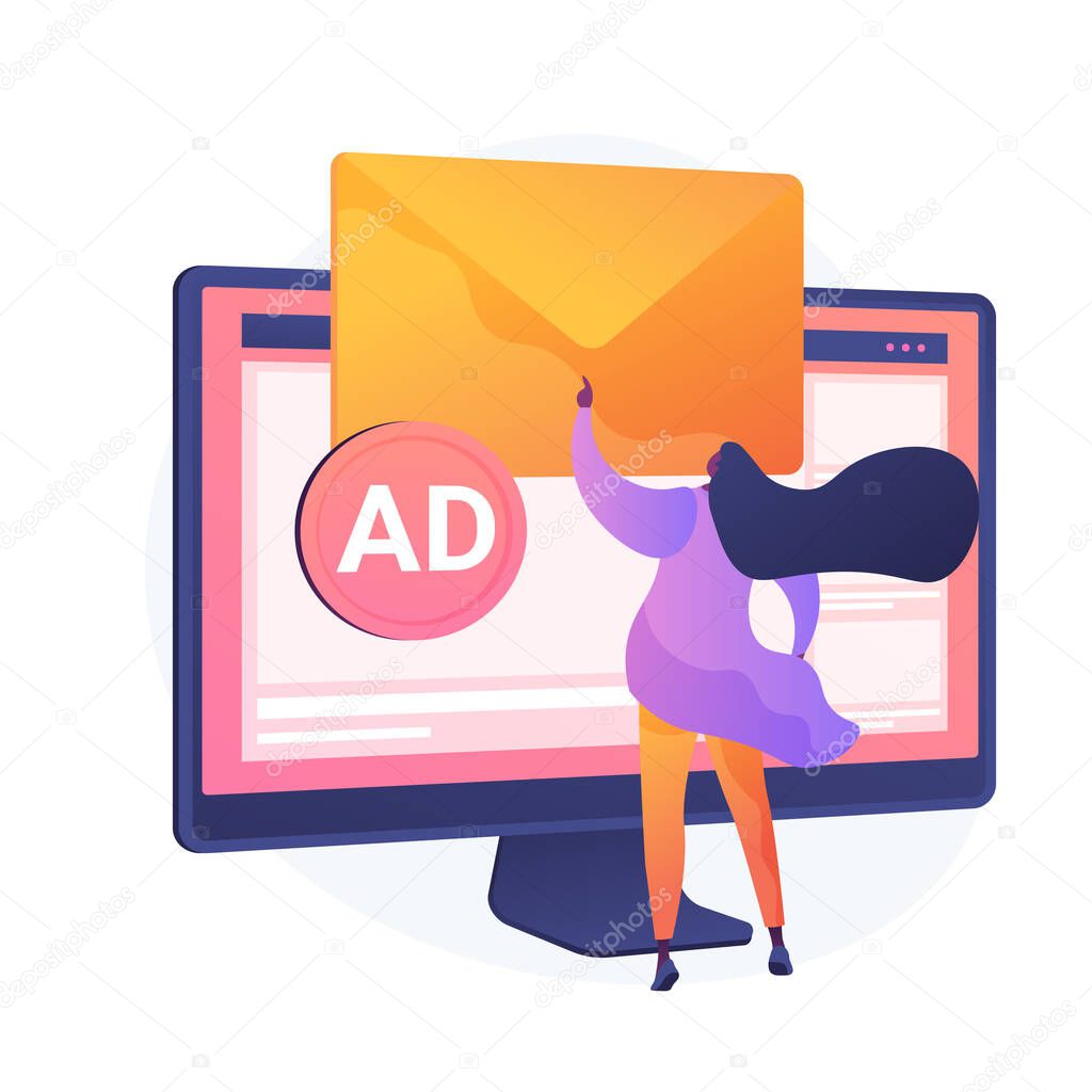 Spamming, email spam. Girl cartoon character getting unsolicited ,undesirable electronic messages. Advertising, messaging, commercial, newsletter. Vector isolated concept metaphor illustration