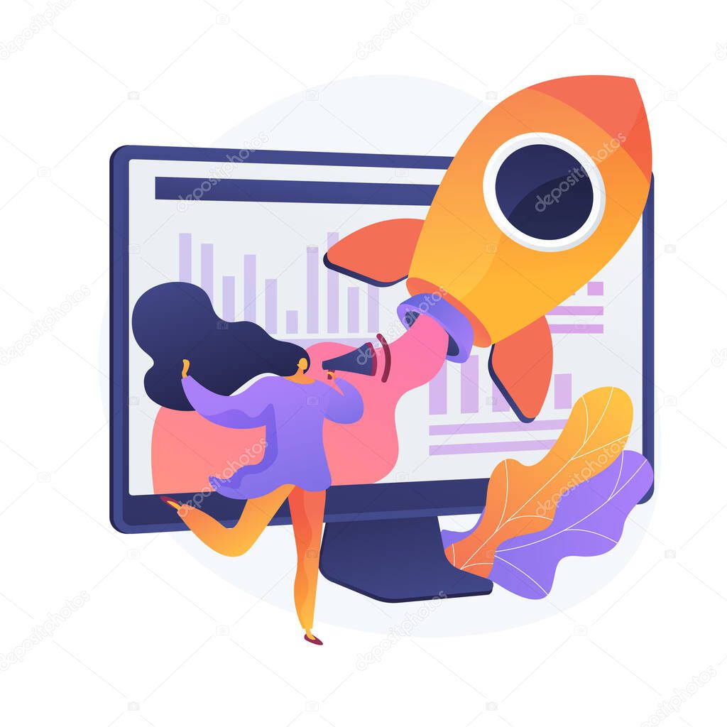 Creative idea flat icon. Innovative internet project, advertising business, online promotion. Woman with loudspeaker cartoon character. Vector isolated concept metaphor illustration