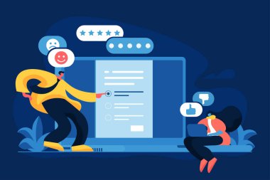 Müşteriler düz vektör illüstrasyonunu gözden geçirir