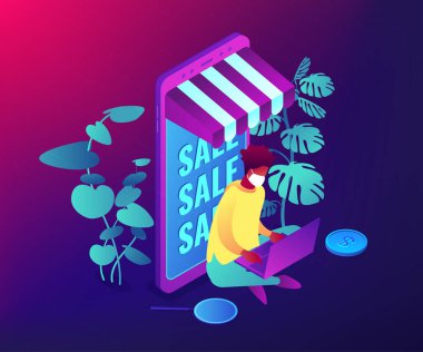 Küresel karantina sırasında online alışveriş. Gerekli şeyleri internetten al, temassız teslimat, bağlantısız market alışverişi. Sosyal mesafe, evde kalın. Mor neon vektör izometrik üç boyutlu illüstrasyon.