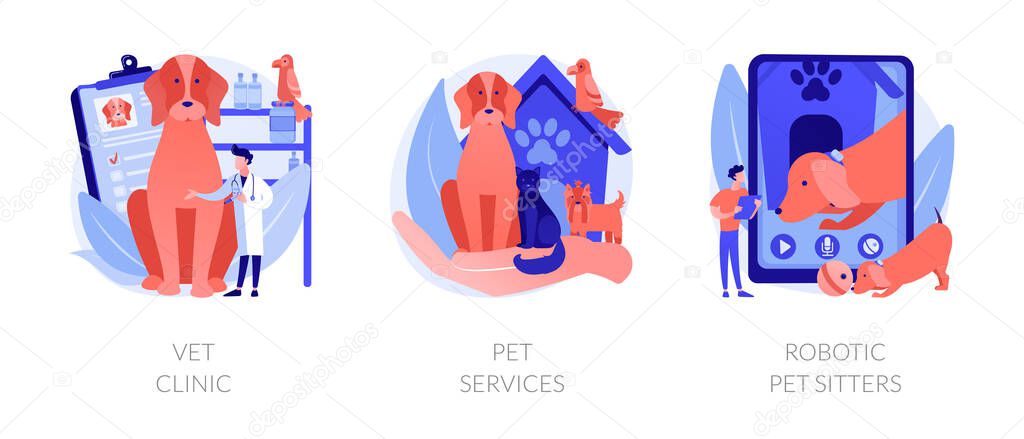 Pets medical service and entertainment vector concept metaphors