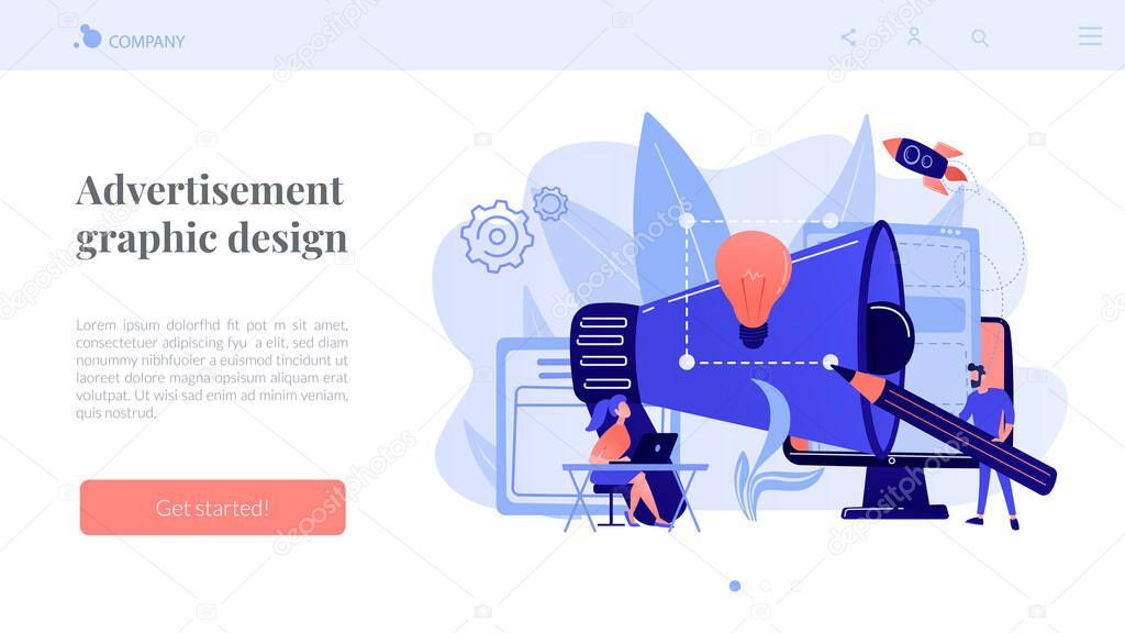 Designers work on new brand and big megaphone. Brand identity and logo, business card, advertisement and graphic design blue pink palette concept. Website homepage landing web page template.