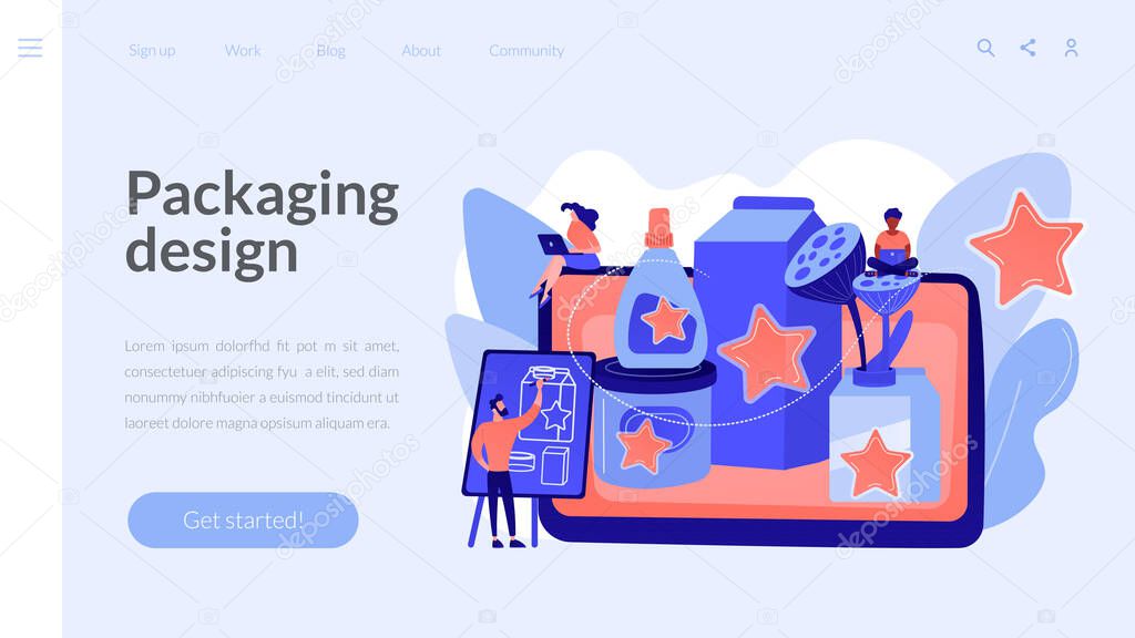 Marketing strategy, promo campaign, designer creating content. Packaging design, distinctively designed packaging, catch the customer eye concept. Website homepage landing web page template.