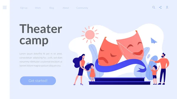 シアターキャンプコンセプトランディングページ. — ストックベクタ