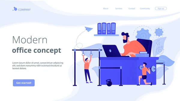 フィットネスに焦点を当てたワークスペースのコンセプトランディングページ. — ストックベクタ