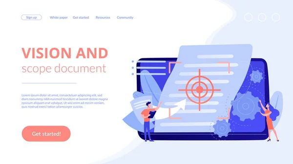 Visie en toepassingsgebied document concept landing page. — Stockvector