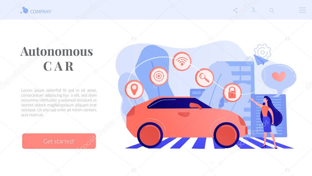 Businesswoman With Heart Likes Using Autonomos Car With Technology Icons Autonomous Car Self Driving Car Driverless Robotic Vehicle Concept Website Vibrant Violet Landing Web Page Template Premium Vector In Adobe Illustrator Ai