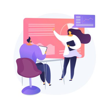 Bilgi İşlem Yönetimi Danışmanlığı. İş akışı optimizasyonu, şirket performans istatistikleri, dijital veri analizi. Kadın akıl hocası üst düzey yönetici bilgisayar becerileri öğretiyor. Vektör izole kavram metaforu