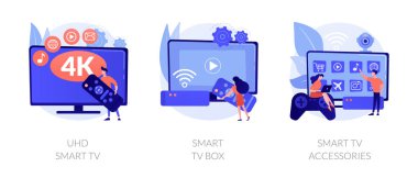 Home cinema, electronics and multimedia. Modern entertainment, leisure and pastime. UHD smart TV, smart TV box, smart TV accessories metaphors. Vector isolated concept metaphor illustrations. clipart
