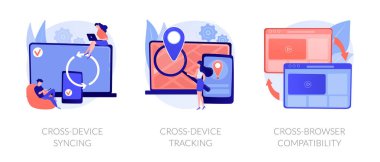 Cross platform software. Synchronized devices, browser sync. Cross-device syncing, cross-device tracking, cross-browser compatibility metaphors. Vector isolated concept metaphor illustrations. clipart