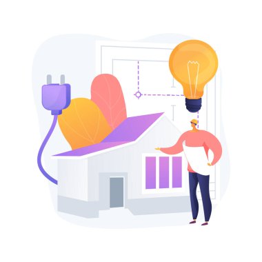 Yerleşik elektrik inşaatı soyut konsept vektör çizimi. İnşaat öncesi planlama, lisanslı müteahhit, ışıklandırma ve cihaz ihtiyaçları, enerji tasarruflu soyut metafor projesi.