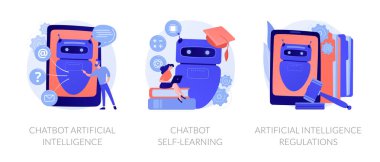 Ai teknolojisi, akıllı sohbet robotu. Makine öğrenimi. Chatbot yapay zekası, sohbet robotunun kendi kendine öğrenmesi, yapay zeka düzenlemeleri metaforları. Vektör izole kavram metaforları.
