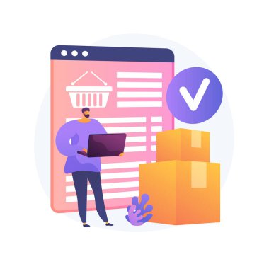 Çevrimiçi sipariş teslimat servisi, sevkiyat. İnternet alışveriş sepeti, karton kutular, dizüstü bilgisayarı olan bir alıcı. Monitörde ve pakette teslimat notu var. Vektör izole kavram metaforu.