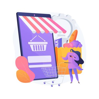 Dijital süpermarket soyut konsept vektör çizimi. Dijital satın alma, bilgi teknolojisi, çevrimiçi ödeme, market, mobil perakende uygulaması, soyut alışveriş indirimi metaforu.