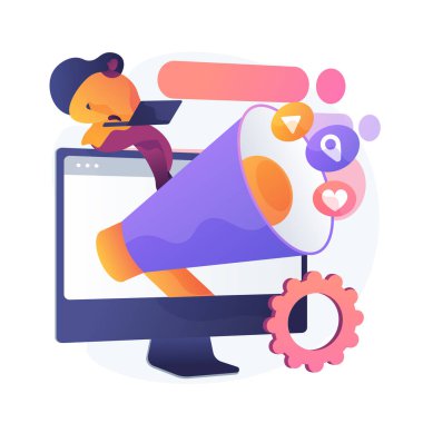 Sosyal medya reklamları, online reklamlar, SMM. Ağ duyurusu, medya içeriği, takipçi etkinliği ve coğrafi veriler. İnternet yöneticisi çizgi film karakteri. Vektör izole kavram metaforu.