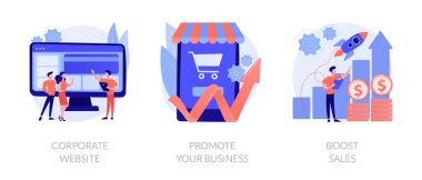 İşletme. Başlangıç yemeği, satışlar ve kar artışı, şirketin web sayfası. Şirket web sitesi, işinizi tanıtın, satış metaforlarını yükseltin. Vektör izole kavram metaforları.