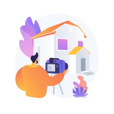 Gayrimenkul fotoğrafçılığı soyut konsept vektör çizimi. Mülk fotoğrafçılık hizmetleri, emlak ajansı reklamları, ev hazırlığı, fotoğraf düzenleme, online soyut metaforlar..