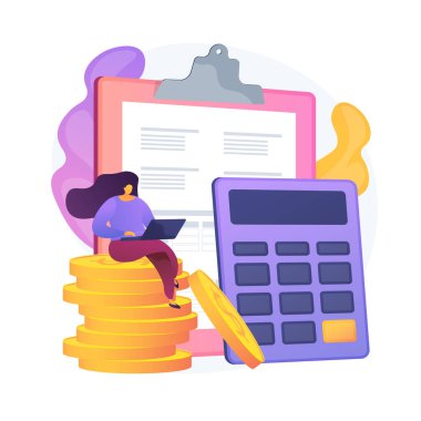 Finansal muhasebe. Kadın muhasebeci çizgi film karakteri mali rapor hazırlıyor. Özet, analiz, rapor. Finansal durum, gelir ve denge. Vektör izole kavram metaforu