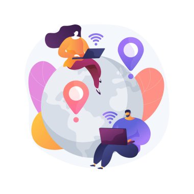 Mesafe soyut konsept vektör illüstrasyonunda çalışıyor. Mesafe ofisi, evden çalışma, uzak iş imkanı, iletişim teknolojisi, online takım toplantısı, dijital göçebe soyut metaforu.
