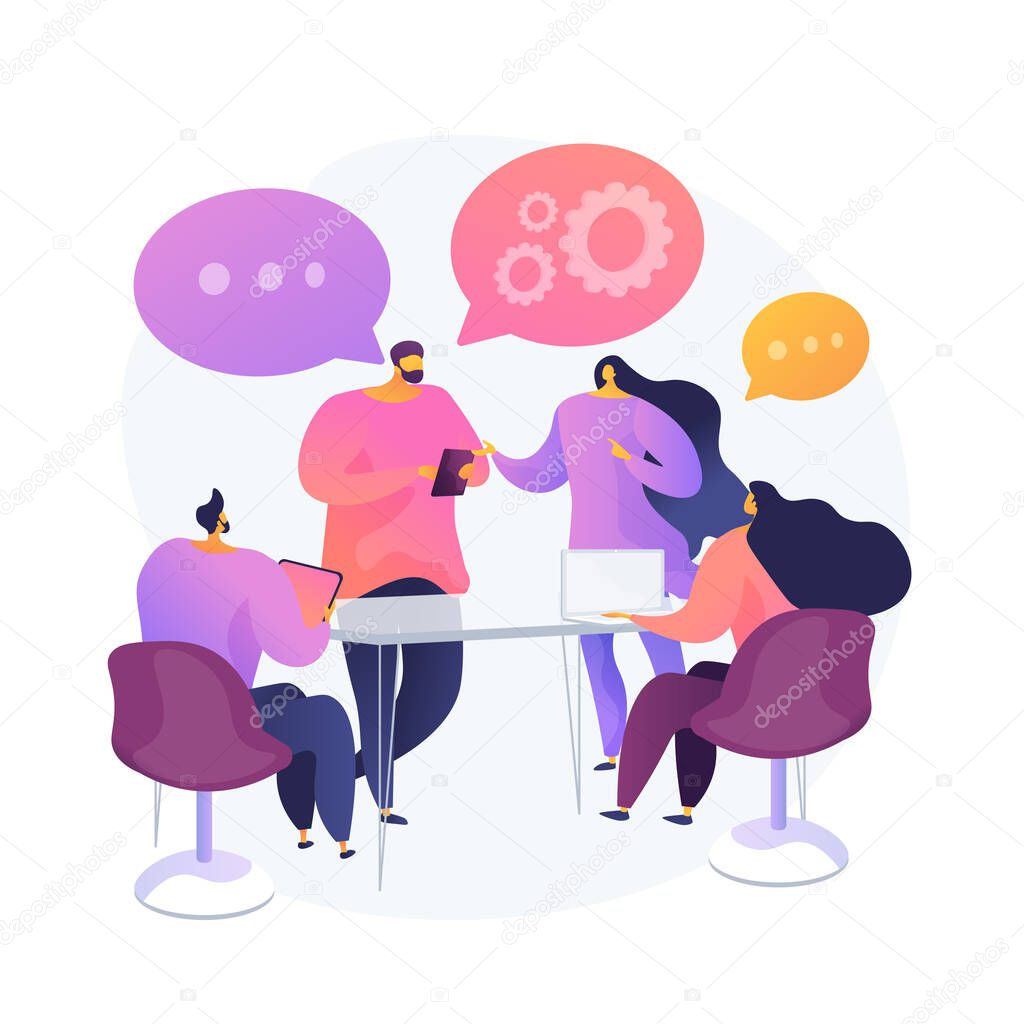 Cooperation and collaboration at work. Business meeting, coworkers briefing, employees teamwork. Colleagues in conference room discussing project. Vector isolated concept metaphor illustration