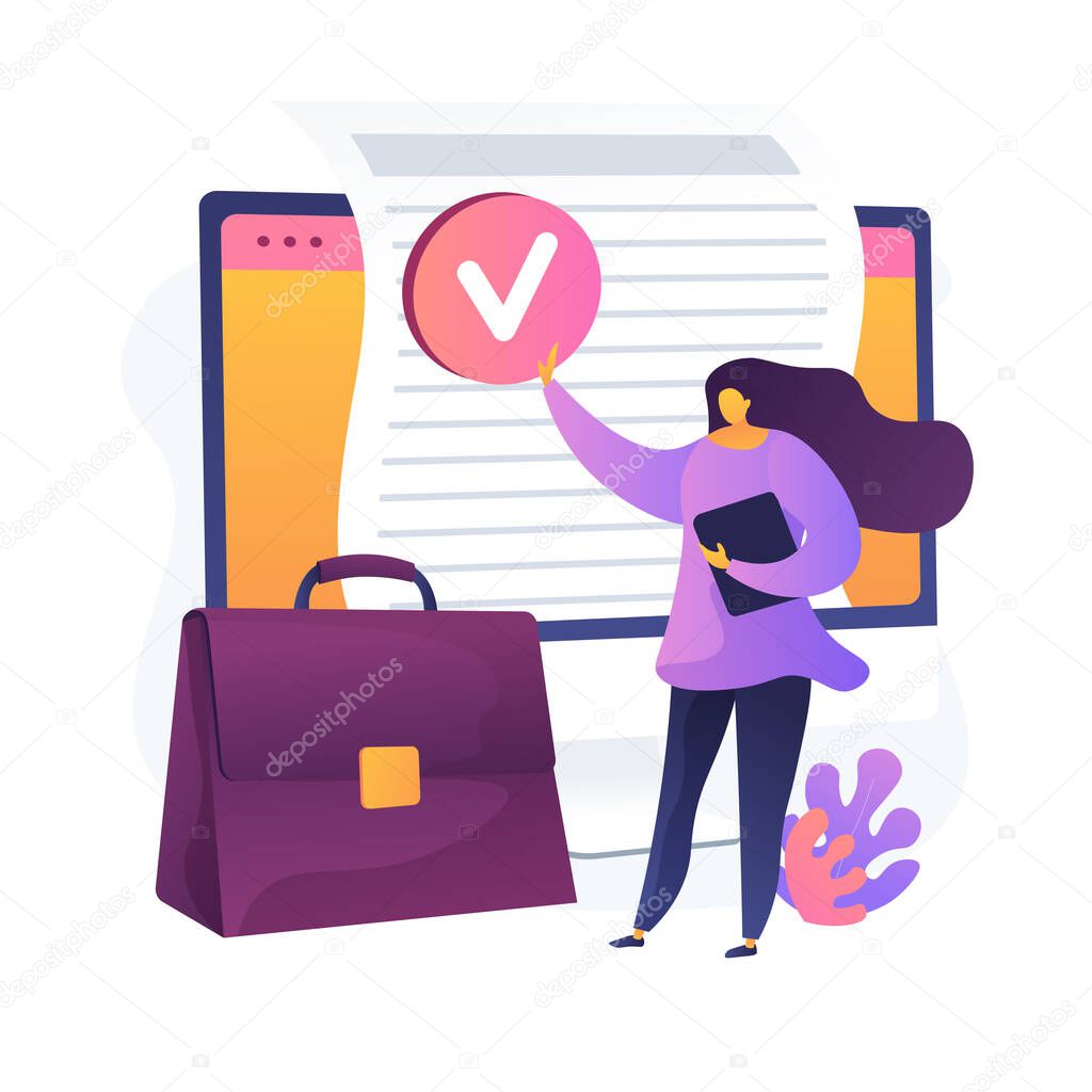 Document evaluation. Verifying, approved, validating. Signing official contact, agreement. Businesswoman cartoon character with briefcase. Vector isolated concept metaphor illustration