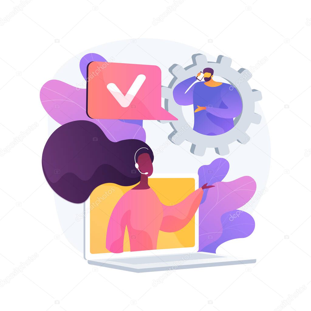 Call centre hotline, client support. Online helpline, problem solving, remote assistance. Telephone service, customer and assistant cartoon characters. Vector isolated concept metaphor illustration.