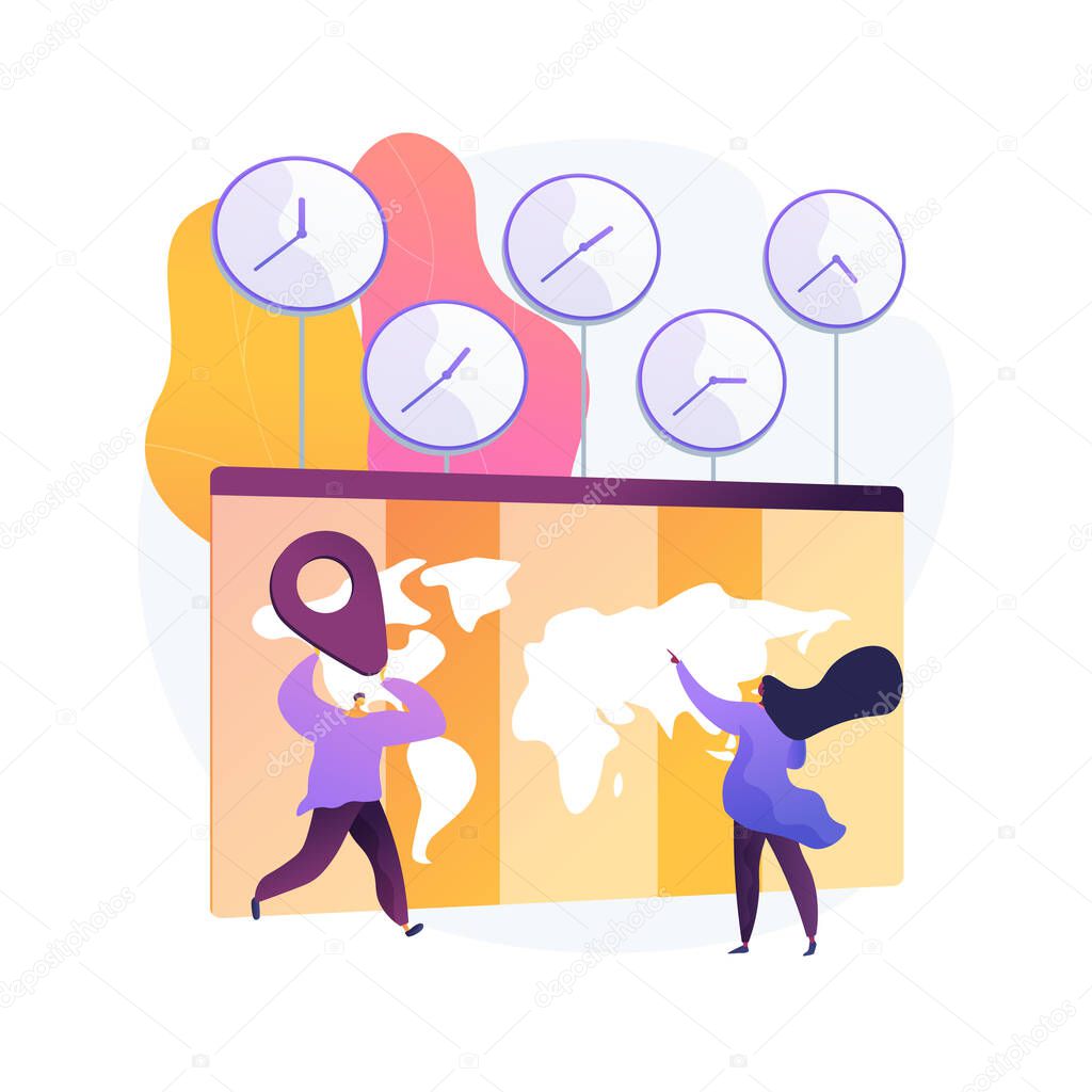 Time zones abstract concept vector illustration. Time standard, international business coordination, meeting management, utc converter, gmt, world clock calculator, jet lag abstract metaphor.