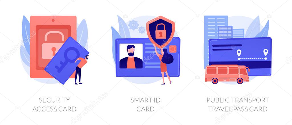 Identity document. Keyless entry system. City transport ticket. Security access card, smart id card, public transport travel pass card metaphors. Vector isolated concept metaphor illustrations