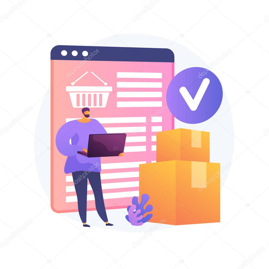 Online order delivery service, shipment. Internet shop basket, cardboard boxes, buyer with laptop. Delivery note on monitor screen and parcel. Vector isolated concept metaphor illustration.