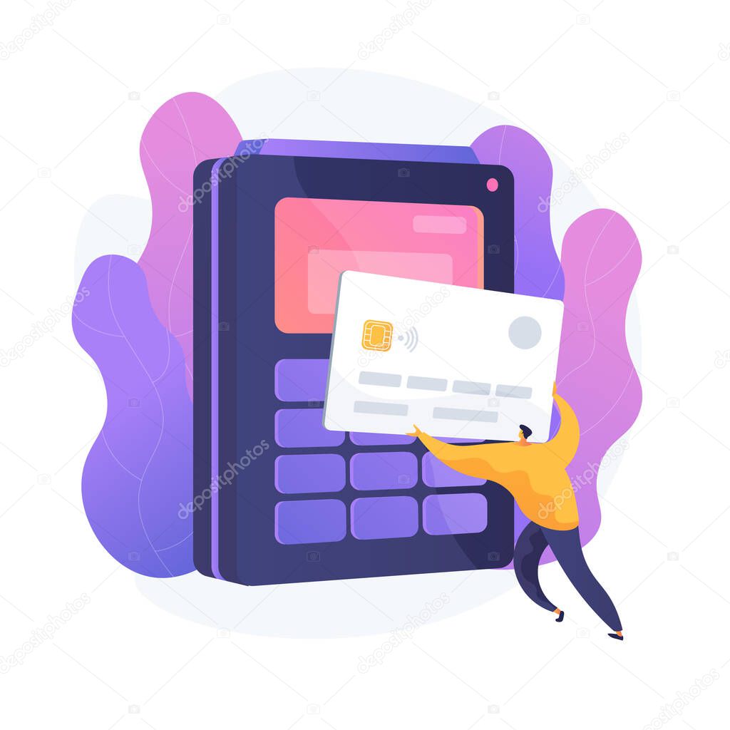 Purchase payment processing. Credit card transaction, financial operation, electronic money transfer. Buyer using e payment with contactless credit card. Vector isolated concept metaphor illustration