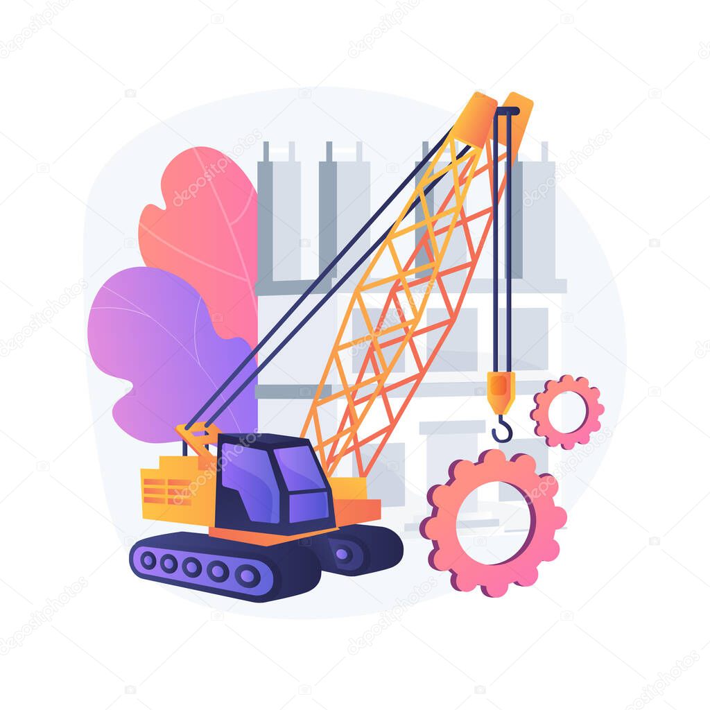 Modern construction machinery abstract concept vector illustration. Heavy equipment for construction site, industrial and heavy equipment for rent, maintaining and engineering abstract metaphor.