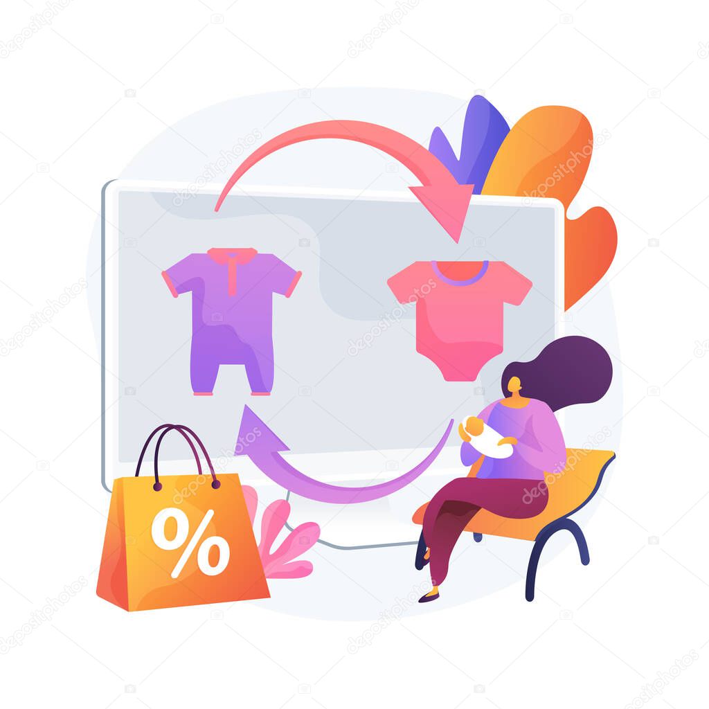 Baby clothes trade-in abstract concept vector illustration. Used kids toys and clothes in exchange for cash or coupons, child fashion store, second hand, baby gear, resale shop abstract metaphor.