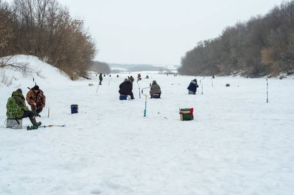 Russia, Winter fishing, ice fishing, competition fishing, perch, fishing box, fishing tackle, ice, winter, river, winter landscape, fishermen, screws, catch, cold, water, sky,