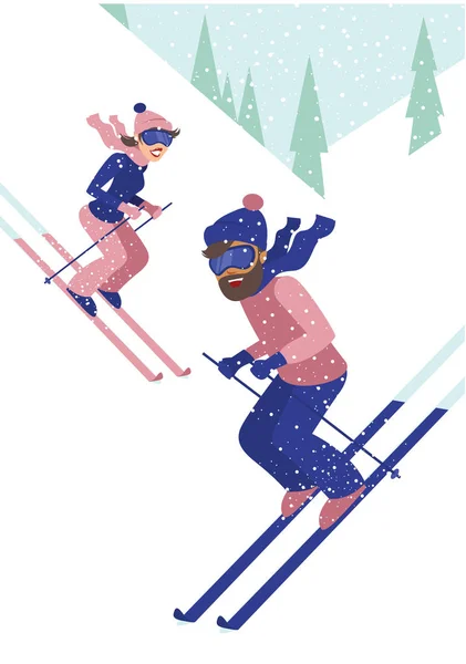 Young couple skiing — Stock Vector