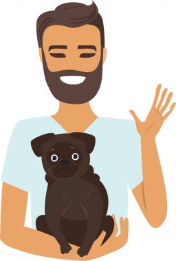 Genç adam bir köpek tutarak
