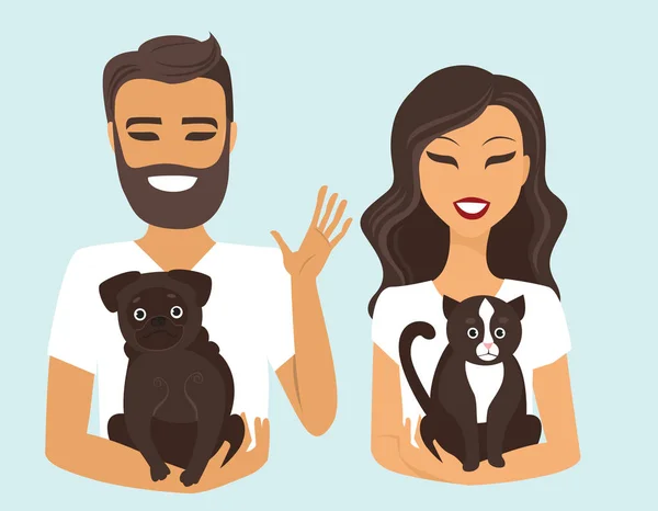 Jeune couple avec chien et chat — Image vectorielle