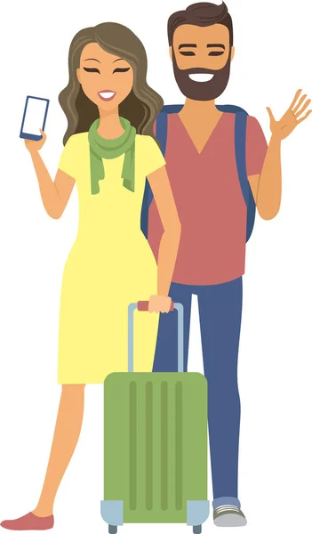 Jeunes touristes avec valise et smartphone — Image vectorielle