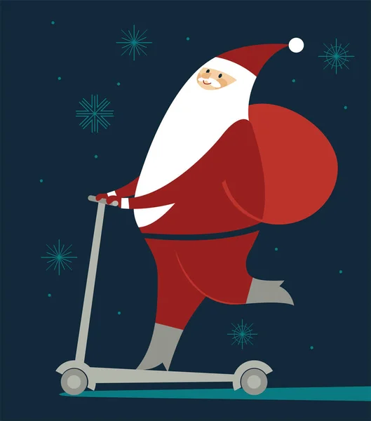 Happy Santa Claus skating on push scooter — Stock Vector