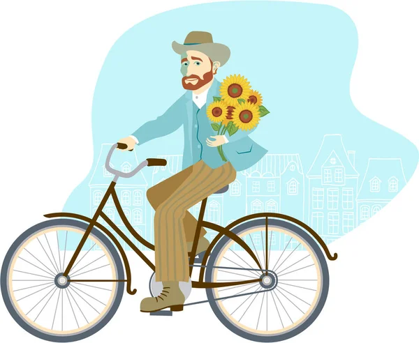 Mann fährt Oldtimer-Fahrrad mit Sonnenblumen — Stockvektor