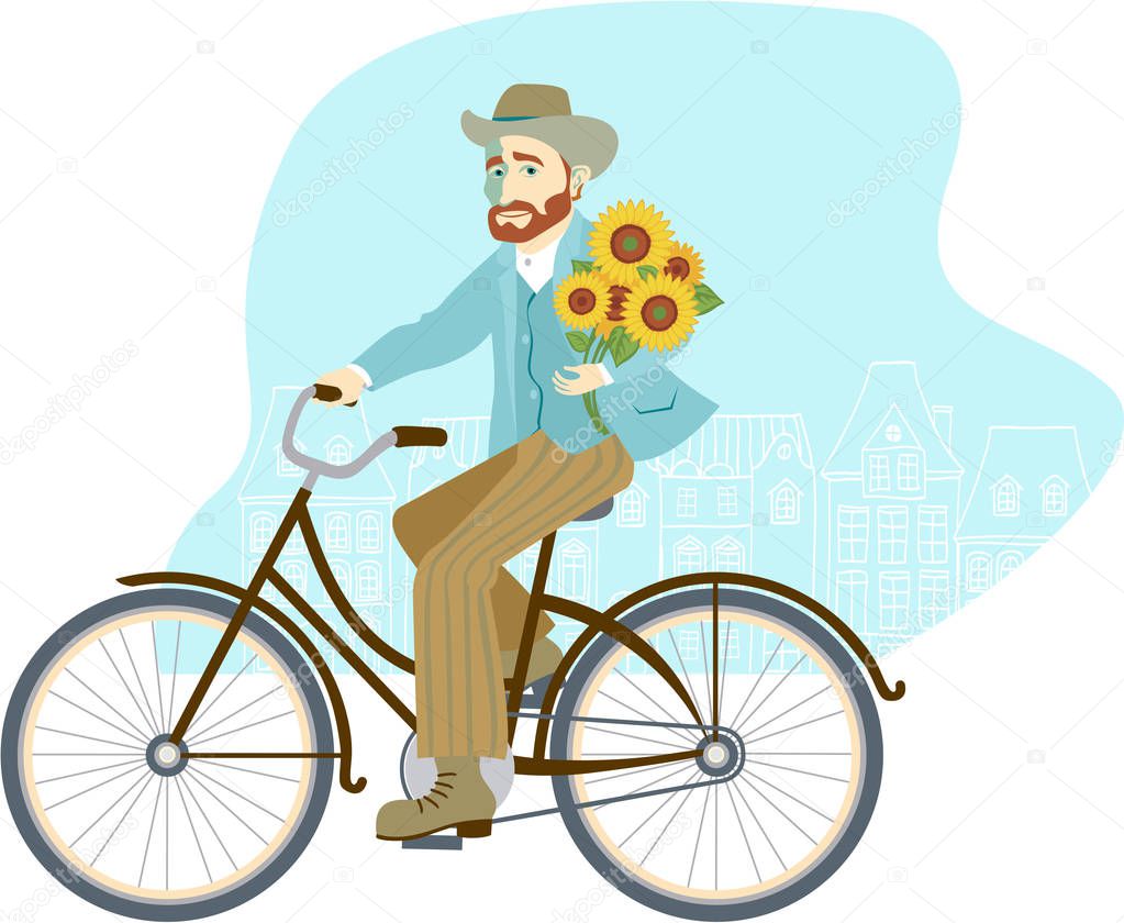 man riding vintage bike with bunch of sunflowers