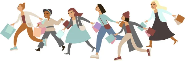 Correr jalá niñas llevando bolsas de compras — Vector de stock