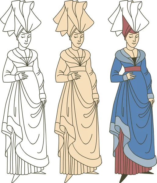 穿着历史性服装的中世纪妇女 — 图库矢量图片