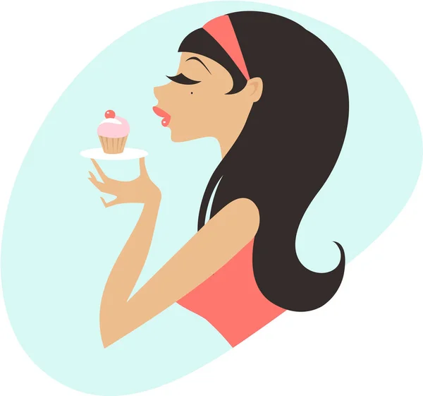 Mladá dívka drží talíř se sladkým cupcake — Stockový vektor