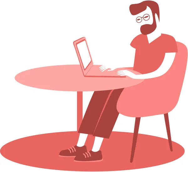 Νεαρός κάθεται στο γραφείο του χρησιμοποιώντας το laptop — Διανυσματικό Αρχείο