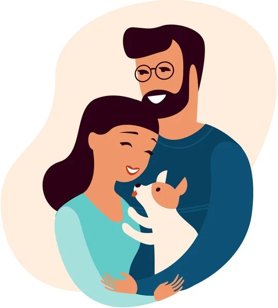 Jeune couple tenant un petit chiot — Image vectorielle