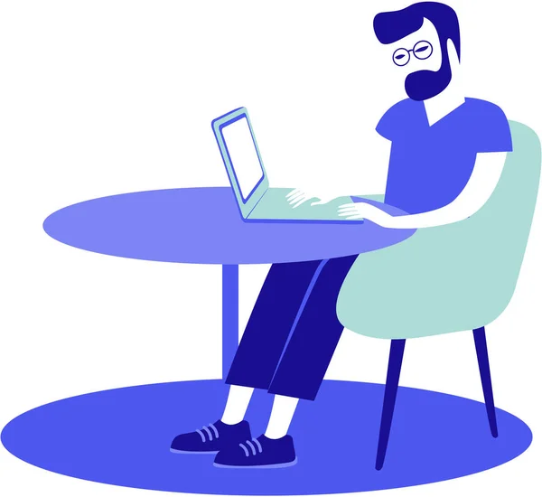 Молодий чоловік сидить за своїм столом, використовуючи ноутбук — стоковий вектор