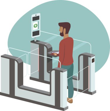 Genç adam otomatik pasaport kontrol kapısından geçiyor.