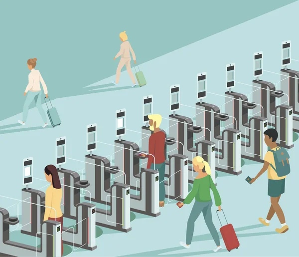 Letečtí cestující procházejí automatizovanou hraniční kontrolou pasů ga — Stockový vektor