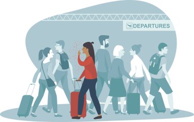 Woman coughing spreading virus bacterial infection in airport COVID-19 pandemic concept